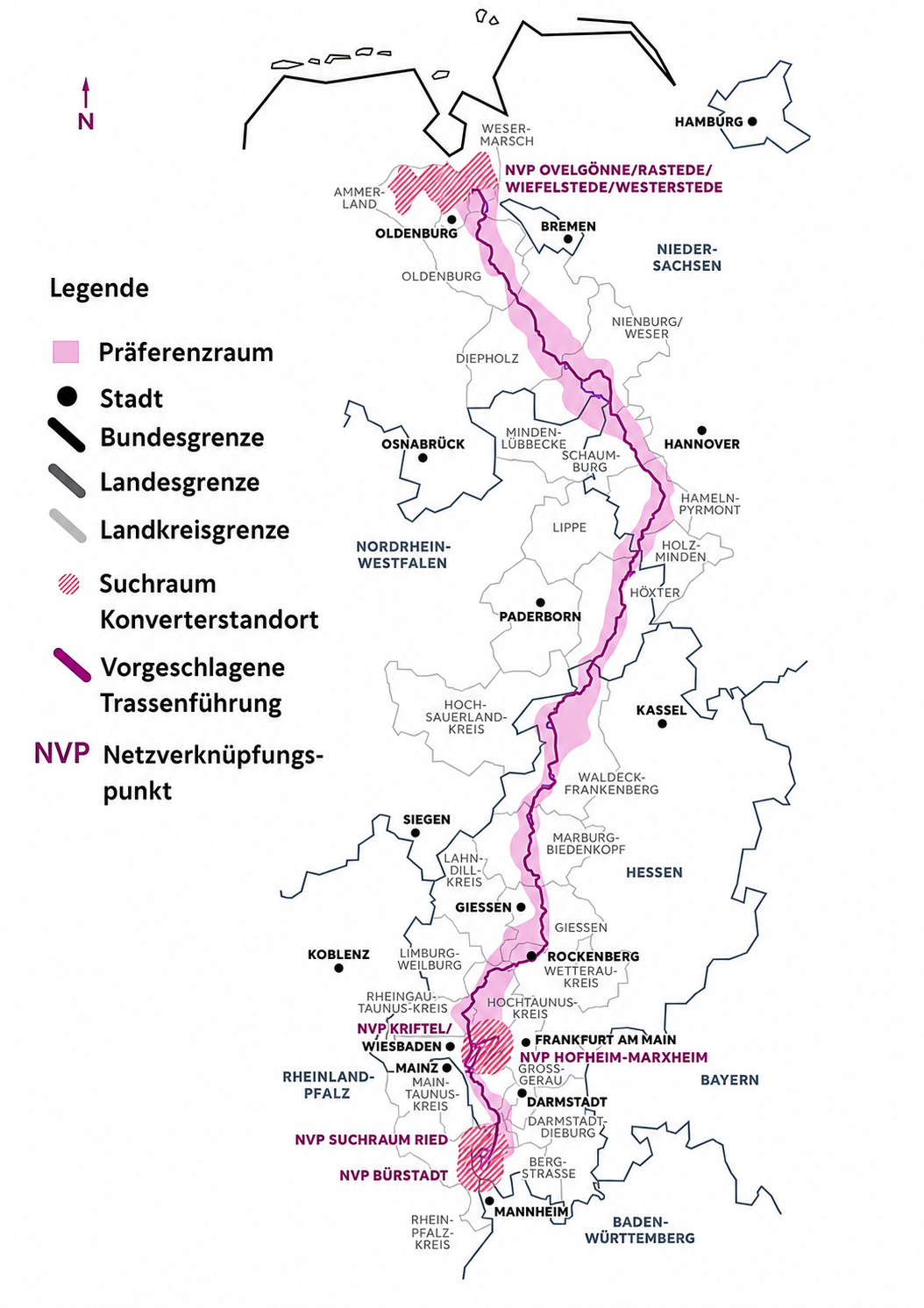 Karte von Deutschland mit rosa Trassenkorridor, markierten Städten, Suchräumen und Legende